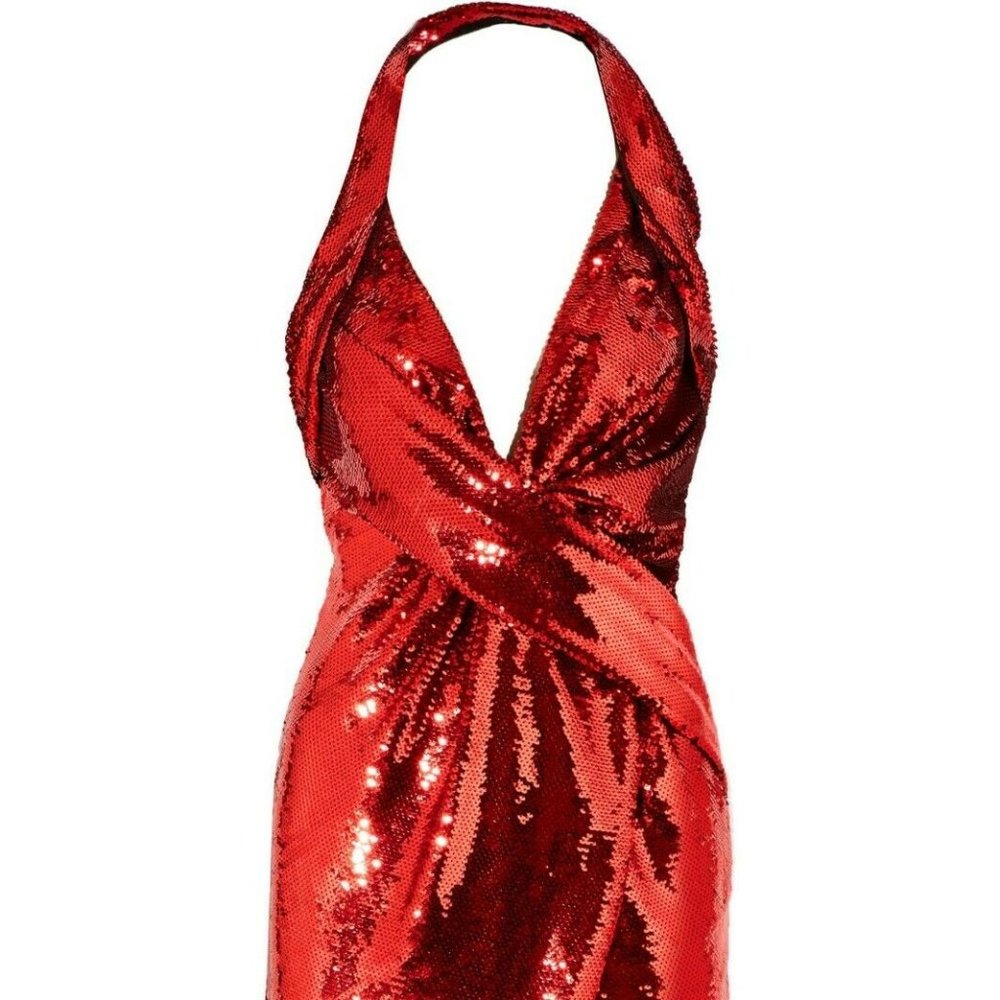 AW15 Red Wrpeffect Sequined Crepe Halterneck Dress Knee Length Dress